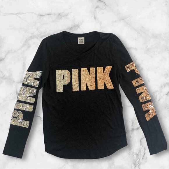 Victoria's Secret PINK Dark Gray Sequined Long Sleeve Crew Neck Tee Shirt Small - Picture 1 of 8